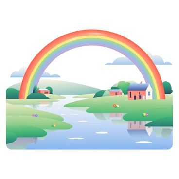 A vibrant rainbow stretching across the sky above receding floodwaters in a rural area