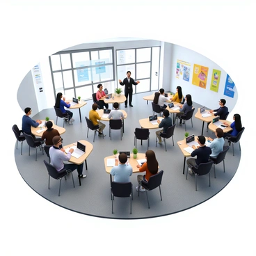 A spacious modern workshop room with large windows allowing natural light to flood in. In the center, several round tables are set up with laptops, notepads, and Figma software open on the screens. Attendees of diverse backgrounds are seated at the tables, engaged in discussions and collaborating on design projects. Some individuals are raising their hands to ask questions, while others are focused on their screens. A presenter at the front is demonstrating Figma features on a large projector screen, showcasing different design tools. The atmosphere is vibrant and collaborative, with posters on the walls highlighting design principles.