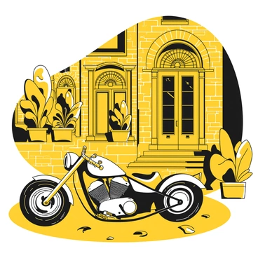 A motorcycle lying on its side on a cobblestone street in a historical district. The motorcycle has a sleek design with shiny chrome details, and its handlebars are turned to one side. Surrounding the motorcycle, there are aged brick buildings with intricate architecture, featuring large windows and ornate ironwork. Potted plants are positioned by the doorways of the buildings, adding a touch of greenery to the scene. The cobblestones are uneven and show signs of wear, indicating the long history of the district. There are also a few scattered leaves on the ground, enhancing the atmosphere of the setting.