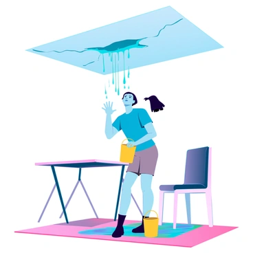 A person placing a bucket under a ceiling leak in a home