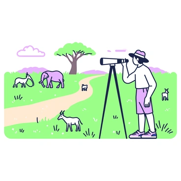 A traveler is standing on the African savanna, looking through a spotting scope mounted on a tripod. The traveler is wearing a wide-brimmed hat and a light-colored shirt, holding the scope with one hand while adjusting the focus with the other. In the distance, various wildlife is present; a herd of elephants is grazing under a baobab tree, while a group of antelopes can be seen in the foreground. The savanna is dotted with tall grasses and sparse vegetation, under a bright sky with a few clouds. A dusty road leads off into the horizon, adding depth to the scene.