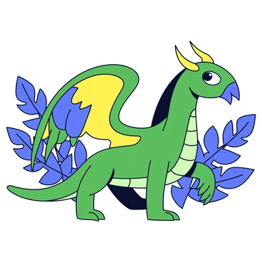 A mythical creature with vibrant parrot wings that feature a blend of green, blue, and yellow feathers, creating a striking color pattern. The body resembles that of a dragon, with scaly skin in a rich emerald green tone. Its head is adorned with a pair of sharp, elongated horns, and it has piercing, intelligent eyes. The creature stands on four powerful legs, each ending in sharp talons. In the background, tropical foliage complements the creature's vivid colors.