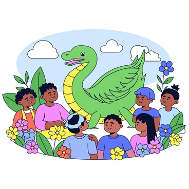 A Quetzalcoatl with vibrant green and feathered wings is depicted in a natural setting. The figure is showing a mixture of snake and bird features, with detailed scales and feathers. Around the Quetzalcoatl, there are several children attentively listening, their expressions showing curiosity and wonder. The children are diverse in appearance, wearing simple clothing in various colors. Surrounding them are lush plants and flowers, creating a rich environment full of greens and bright blooms. In the background, the sky is clear with a few fluffy clouds, enhancing the peaceful atmosphere of the scene.