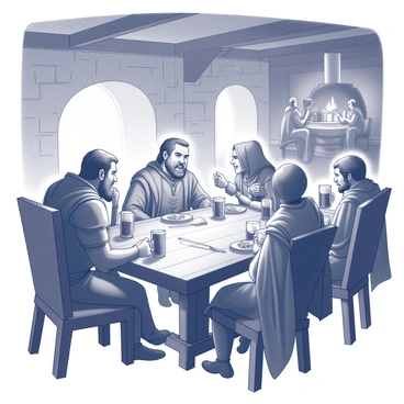 A group of adventurers is gathered around a large wooden table in a medieval tavern. The table is cluttered with tankards and plates of food. There are four figures seated: a burly warrior with a broad sword resting against his chair, a robed mage with a staff leaning beside him, a nimble rogue with a hood pulled up, and a cleric with a symbol of their faith prominently displayed. The tavern features wooden beams and stone walls, with a roaring fire in a large hearth casting flickering shadows. The atmosphere is filled with the excitement of laughter and conversation, while several other patrons are visible in the background, enjoying their drinks and meals.