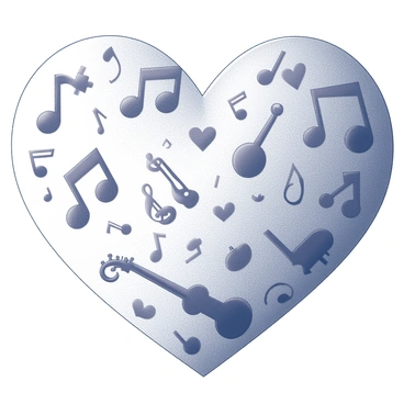 A heart shape constructed from various musical notes and instruments. The heart is filled with an assortment of musical symbols such as quarter notes, eighth notes, and treble clefs. Scattered throughout are images of instruments like a guitar, a violin, and a trumpet, all intricately woven into the design. The overall composition creates a harmonious blend of music and emotion, showcasing the connection between the two.