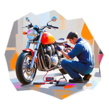 A mechanic with medium skin tone and short dark hair is crouched down beside a motorcycle, carefully examining its wiring system. He is wearing a dark blue mechanic's jumpsuit and protective gloves. The motorcycle is positioned on a workshop floor, surrounded by various tools and equipment. The mechanic is using a multimeter to check the connections, with focused expression on his face. Bright overhead lights illuminate the workspace, highlighting the intricate details of the motorcycle's wiring.