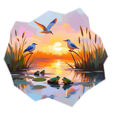 A scenic view of a protected wetland area during sunset, filled with diverse birds and amphibians. A variety of birds are seen perched on the tall grasses and flying gracefully above the water, showcasing their vibrant plumage. In the foreground, a small group of frogs sits on lily pads, their green skins glistening in the fading sunlight. The water reflects the warm hues of the sunset, creating a shimmering effect. Reeds and cattails surround the edges of the wetland, adding to the richness of the environment. The sky is painted with shades of orange, pink, and purple as the day transitions to evening.