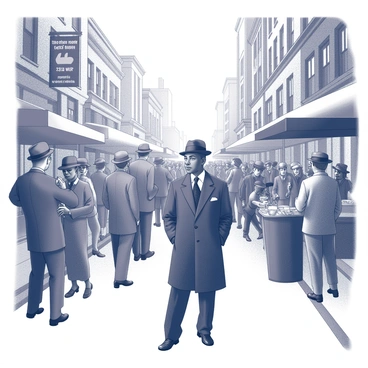 A busy street scene in Harlem during the 1920s, filled with people engaged in various activities. The crowd consists of men and women dressed in period-appropriate attire, including hats and dresses typical of the era. In the foreground, Langston Hughes stands, observing the lively crowd with a thoughtful expression. Surrounding him are street vendors selling goods and musicians playing instruments, contributing to the vibrant atmosphere. Nearby, storefronts display signs with prices and products visible, providing context to the lively urban environment.