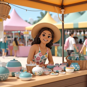 A woman, wearing a colorful floral dress and a wide-brimmed straw hat, is sitting at a rustic market stall made of wood. The stall is filled with a variety of handmade crafts, including woven baskets, hand-painted pottery, and delicate jewelry. She has long, curly hair and is smiling warmly at customers who pass by. The background features vibrant market tents and other vendors, creating a lively atmosphere. Sunlight shines down, highlighting the crafts displayed in front of her.