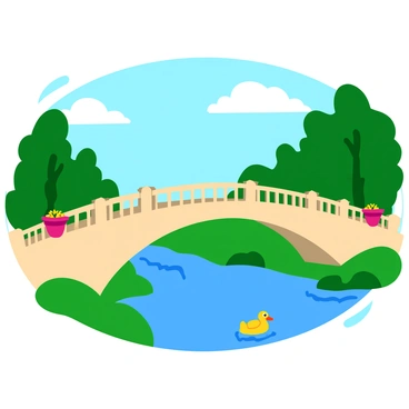 A picturesque bridge in Fulda, made of light stone with graceful arches, spans gently over a flowing river. The bridge features ornamental railings and is adorned with vibrant flower pots at either end. The river below reflects the blue sky and surrounding greenery. Lush trees frame the scene on both sides, while a few ducks paddle peacefully in the water beneath the bridge. A small path leads to the bridge, inviting visitors to explore.