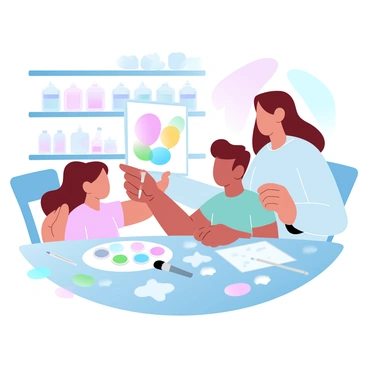 A babysitter is guiding a child as they paint a colorful picture at a table covered in various art supplies. The child is holding a paintbrush, focused on adding vibrant strokes to a canvas. The table is messy with splatters of paint and scattered jars of different colors. A few paint palettes are visible, along with crumpled paper and brushes in various sizes. The background features shelves lined with art materials, creating a lively, creative atmosphere.