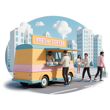 A mobile coffee van, painted in bright colors, is parked on a busy city street. The van has a large sign with the words "Fresh Coffee" illuminated in bold letters. Steam is rising from several cups of warm drinks positioned on a counter outside the van. A barista, wearing a cozy sweater and a beanie, is serving a customer who is bundled up in a warm coat and scarf. In the background, tall city buildings loom under a clear blue sky, while a few pedestrians walk by, looking pleased with their cups of coffee. The scene conveys a bustling morning atmosphere with the aroma of freshly brewed coffee filling the air.