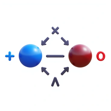 A positive ion represented as a bright blue sphere and a negative ion depicted as a dark red sphere are positioned close to each other. Lines of force are illustrated with arrows between the two ions, showing the attraction due to electrostatic forces. The background is minimal to emphasize the ions and the force lines. The positive ion features a "+" symbol, and the negative ion features a "−" symbol, clearly indicating their charges.