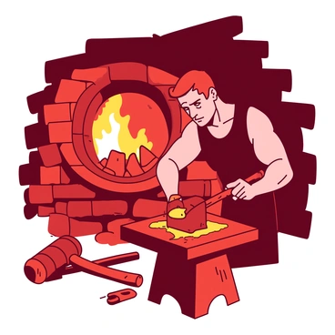 A red blacksmith's forge is illuminated by glowing orange coals, casting a warm light throughout the scene. In front of the forge, a muscular blacksmith is hammering a piece of bronze on an anvil. The blacksmith has a focused expression, with beads of sweat on his forehead. Tools of the trade, such as hammers and tongs, are scattered around the work area. The forge's flames flicker in the background, adding to the dynamic atmosphere of the workspace.