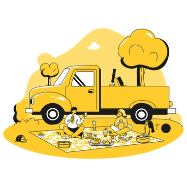 A brown truck is parked on the grass in a backyard. Next to the truck, a family is enjoying a picnic on a checkered blanket spread out on the ground. The family consists of a man, a woman, and two children. The man is sitting with a plate of food, while the woman is pouring drinks from a pitcher into cups. One child is holding a sandwich, and the other is playing with a ball nearby. Surrounded by trees, the scene captures a sunny day with a few scattered picnic items such as a basket and napkins.