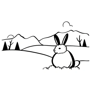 A hare with fluffy fur is sitting on a snowy hill, its body positioned upright with ears alert. The hill is covered in thick, soft snow that reflects the light of a clear winter sky. In the background, distant mountains can be seen, their peaks dusted lightly with snow. A few sparse, leafless trees stand on the hillside, casting long shadows on the snow. The entire scene is serene and tranquil, capturing the essence of the winter landscape.