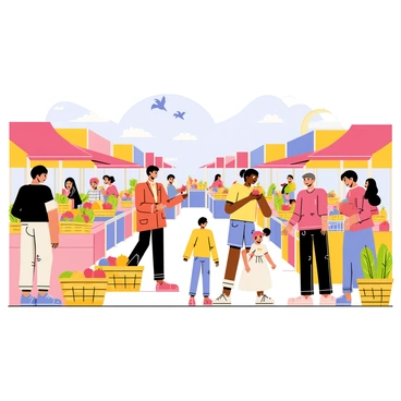 A vibrant market scene filled with various stalls and colorful awnings. There are vendors displaying an array of fresh fruits and vegetables in baskets. People of different backgrounds are interacting, some haggling over prices while others enjoy street food. Additionally, a small child is reaching for a bright red apple. The atmosphere is lively, with a clear blue sky overhead. A few birds are flying above the market, adding to the bustling energy.