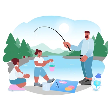 A family of four is standing by a shimmering lake under a clear blue sky. The father is casting a fishing rod, while the mother is holding a small bucket filled with bait. Two children are playing nearby, one child is crouching down looking at the water, and the other is holding a colorful fishing pole. The lake is surrounded by lush green trees, and the sun is shining brightly, reflecting off the water's surface. In the background, there are fishing tackle boxes and a picnic blanket spread out with snacks.