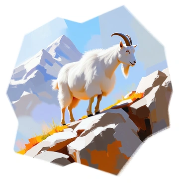 A mountain goat with a thick white coat and curved horns is skillfully climbing a steep rocky terrain. The goat's strong hooves grip the uneven rocks as it navigates the rugged landscape. Surrounding the goat, there are sharp cliffs and patches of grass peeking through the rocky surface. In the background, towering mountains rise against a clear blue sky, creating a striking and majestic setting.