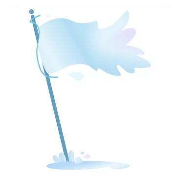 A weathered flag with faded colors is fluttering in the breeze, attached to a tall, sturdy flagpole. The flag is billowing, displaying its tattered edges, and the pole stands firmly against a backdrop of soft, gradient pastel colors. The sunlight casts gentle shadows, highlighting the texture of the flag's fabric. Below the flagpole, the ground is slightly uneven, with patches of grass and small pebbles scattered around.