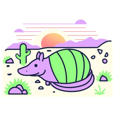 An armadillo is curling into a ball on a desert landscape. The armadillo's shell is clearly visible, showing its segmented structure. Surrounding the armadillo, the sandy ground is dotted with small rocks and sparse desert vegetation, such as cacti and tufts of grass. The sky is filled with shades of orange and purple as the sun is setting on the horizon, casting elongated shadows across the landscape. In the distance, there are low-lying hills forming a silhouette against the colorful sky.