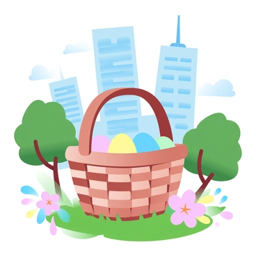 A modern Easter basket scene with skyscrapers in the background of a city park