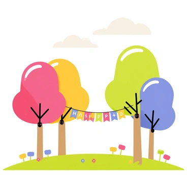 A whimsical forest filled with trees made of colorful balloons in various shades of red, blue, yellow, and green. Each balloon tree has a unique shape, resembling traditional tree trunks and branches, but they are entirely composed of shiny, inflated balloons. A banner hangs between two of the balloon trees, adorned with the words "Happy Birthday" in bright letters. The ground is covered with soft green grass and dotted with small, vibrant flowers of different colors. Fluffy white clouds float lazily in a clear blue sky, adding to the cheerful atmosphere of the scene.