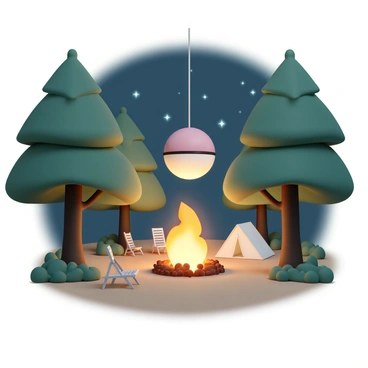 A "Pokéball" hanging from a rope as a lantern, glowing softly in a cozy campsite setting. The campsite is surrounded by tall, lush trees with green leaves swaying gently in the breeze. A small, circular campfire burns brightly on the ground, casting warm light around the area. There are a few camping chairs arranged near the fire, and a tent set up in the background. The night sky is visible above, dotted with twinkling stars.