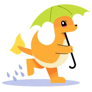 A determined Charmander with bright orange scales is walking through the rain. Its eyes are focused, showcasing its determination. The Charmander is holding a large green leaf above its head, acting as an umbrella to shield it from the falling raindrops. Water droplets are splashing around its feet, creating small puddles on the ground. The background features a muted gray sky, emphasizing the wet environment.