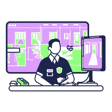 A security guard is seated in a control room, intently monitoring multiple surveillance screens. The guard is wearing a dark uniform with a badge visibly displayed on the chest. Each screen shows different camera feeds, displaying various areas of a building, including hallways and parking lots. There is a desk in front of the guard, cluttered with paperwork and a coffee cup. A telephone is placed on the side of the desk. Behind the guard, there are large windows revealing the dimly lit exterior of the facility. The atmosphere is focused and alert.