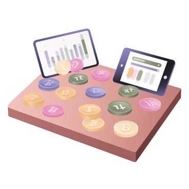 A digital flat illustration showcasing a variety of fictional cryptocurrency coins scattered across a wooden table surface. Each coin has a unique design and vibrant colors, with some featuring symbols like "CryptoStar," "BitGem," and "DigiDollar." The coins vary in size and shape, some being circular while others are hexagonal. Reflections of light catch the metallic surfaces, creating highlights and shadows. There are also small stacks of coins grouped together, with a few coins lying face-up displaying their intricate designs. A digital tablet displaying cryptocurrency market data is positioned in the background, partially visible.