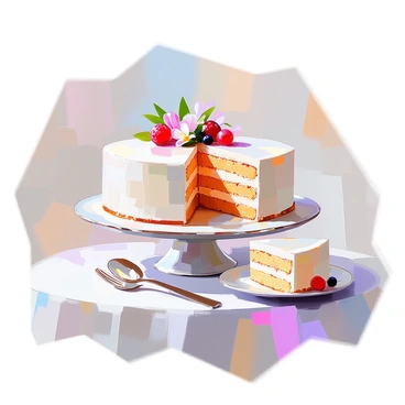 A round cake displayed on an elegant cake stand made of porcelain. The cake features multiple layers and is decorated with smooth frosting in pastel colors. One-third of the cake has been sliced away, revealing its fluffy interior and layered filling. The slice is placed on a small dessert plate nearby, showcasing its texture. Delicate decorations such as edible flowers and fresh berries adorn the top of the cake, adding a touch of sophistication to the presentation.