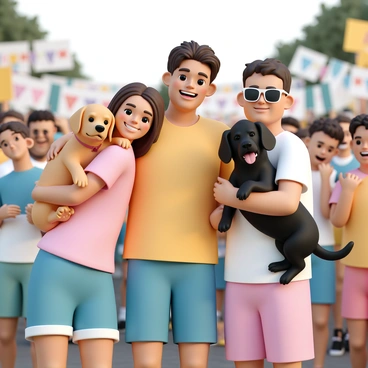 A group of three cute puppies, one golden retriever, one beagle, and one black labrador, are being carried by their respective owners. The owners are smiling broadly, wearing colorful t-shirts and casual shorts. The golden retriever is nestled comfortably in the arms of a woman with long brown hair, while the beagle is cradled by a man with short hair and sunglasses. The black labrador is being held by a young child, who giggles with delight. The background shows a lively rally with banners and excited people, all enjoying the festive atmosphere.