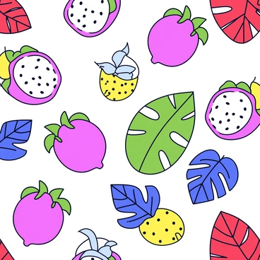 A repeating pattern featuring dragon fruits with bright pink skin and white flesh dotted with tiny black seeds. The dragon fruits are illustrated with green, pointed leaves sprouting from their tops. Interspersed among the dragon fruits are colorful tropical leaves, including large green monstera leaves and vibrant, glossy red leaves. The overall layout creates a balanced and harmonious design filled with an abundance of tropical elements.