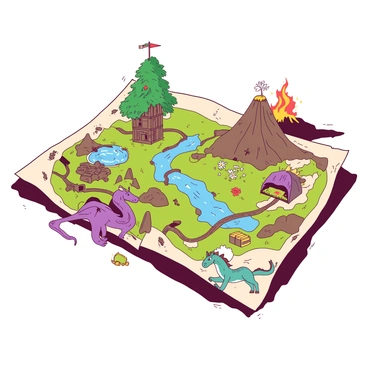 A hand-drawn adventure map is spread across a textured surface. The map features winding paths and rivers snaking through it. There are whimsical landmarks such as "a towering green treehouse" with colorful flags atop it, "a sparkling blue waterfall" flowing into a small pool, and "a fiery orange volcano" in the distance. Mythical creatures inhabit the map; a "purple dragon" is perched on a rocky cliff, while a "teal unicorn" grazes near a meadow dotted with flowers. Small illustrations of "treasure chests" and "ancient ruins" add to the adventurous theme. Each element is intricately detailed, inviting exploration and adventure.