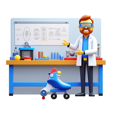 An inventor wearing safety goggles and a lab coat is demonstrating a new type of roller skate. The roller skate has a unique design with bright colors and futuristic wheels. The inventor is standing next to a workbench cluttered with tools and sketches of the roller skate. Various mechanical parts and equipment are visible in the background, highlighting the innovative environment. The inventor is smiling and gesturing towards the roller skate, showcasing its features. The lab is well-lit, emphasizing the excitement of invention and creativity.