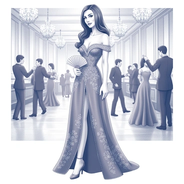 A woman with long, dark hair styled elegantly is wearing a lavish evening gown with intricate details. The gown features a fitted bodice with delicate beading and ornate patterns cascading down the flowing skirt. She is standing in a grand ballroom, surrounded by lavish décor including ornate chandeliers and elegantly dressed guests. The atmosphere is lively, with couples dancing in the background. The woman's expression is one of grace and poise as she holds a delicate fan in one hand, embodying the elegance of the setting.