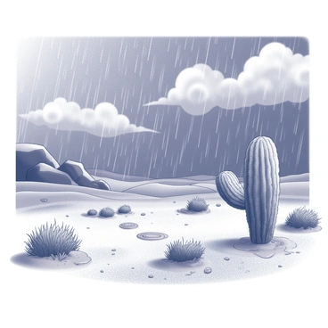 Rain falling in a desert, with sparse plant life soaking in the water