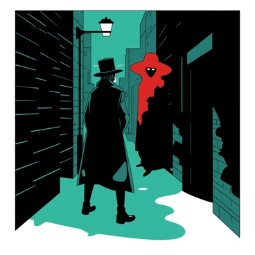 A teal figure representing Professor Shonku stands confidently in a dark, shadowy alley. He is wearing a long, dark coat and a wide-brimmed hat, enhancing his mysterious presence. Opposite him is a red silhouette of a mysterious villain, shrouded in shadows and wearing a masked face, adding to the tension. The alley is narrow, with brick walls on either side, partially illuminated by a flickering streetlight above. Shadows cast dramatic shapes across the ground, intensifying the confrontation between the two figures. The air is thick with suspense as they face off, ready for a clash of intellect and power.