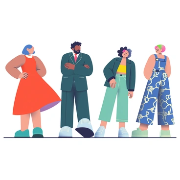 A group of five stylish figures are positioned in various fashion poses. Each figure showcases a unique outfit, highlighting different styles and trends. The first figure, a woman with short blue hair, wears a flowing red dress with long sleeves and is standing with one hand on her hip. The second figure, a man with a well-groomed beard, sports a tailored dark green suit and stands confidently with his arms crossed. The third figure, a woman with curly black hair, displays a chic ensemble of high-waisted jeans and a cropped yellow top, leaning casually against a wall. The fourth figure, a non-binary individual with bright pink hair, is adorned in a stylish oversized jacket and baggy trousers, captured mid-stride. The fifth figure, an androgynous person with a sleek hairstyle, wears a striking patterned jumpsuit, looking back over their shoulder with a playful expression. The figures are outlined with bold line strokes, emphasizing their poses and fashion details.