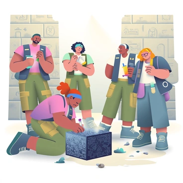 A group of explorers finding a black box in an ancient temple