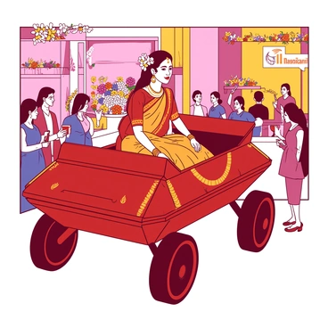 A red traditional palki adorned with intricate golden designs is being carried by four attendants, making its way towards a beautifully decorated wedding venue. Inside the palki, a Bengali bride wearing an elaborate orange saree with golden embroidery is seated gracefully, adorned with traditional gold jewelry. Her hair is styled intricately, embellished with fresh white jasmine flowers. Surrounding the palki, guests are gathered, excitedly capturing the moment with their smartphones. The wedding venue features vibrant floral arrangements in the background, creating a lively atmosphere as the bride arrives.