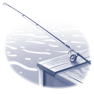 A close-up of a fishing rod resting on the edge of a pier in the harbour.