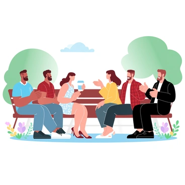 A group of five people is sitting on park benches surrounded by lush green trees. Two men are animatedly discussing a topic, one wearing a blue t-shirt and the other in a red plaid shirt. A woman in a floral dress is laughing while leaning towards them, listening intently. Next to her, another woman in a yellow sweater is holding a coffee cup, contributing to the conversation. The last member of the group, a man in a black jacket, is gesturing with his hands, emphasizing a point. Colorful flowers bloom around the benches, adding vibrancy to the scene. "Lively conversations" are suggested by their engaged postures and gestures.