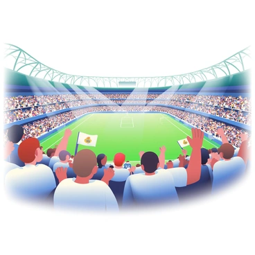 A panoramic view of the Santiago Bernabéu Stadium is displayed, showcasing the grand architecture of the stadium. The stands are filled with cheering fans wearing white Real Madrid jerseys, waving flags and banners. The excitement is palpable as some fans are standing, their arms raised in celebration, while others are seated, clapping and cheering. Bright floodlights illuminate the scene, casting a vibrant glow over the crowd and the field. In the distance, the iconic stadium roof arches gracefully, framing the bustling atmosphere of the event.