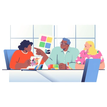 A team of three fashion illustrators is gathered around a sleek office table. One illustrator is a woman with short, curly black hair wearing a bright red top, holding a sketchpad filled with vibrant designs. The second illustrator is a man with glasses and a light blue shirt, pointing at a fashion illustration on the table. The third illustrator, a woman with long, straight blonde hair, is leaning in with a thoughtful expression, wearing a floral blouse. Various colorful fabric swatches and art supplies are scattered across the table. Large windows in the background allow natural light to brighten the room.