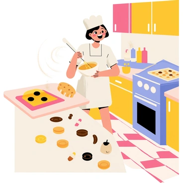 A cheerful girl with short hair is wearing a white chef's hat and an apron. She is standing at a wooden kitchen counter, actively mixing cookie dough in a large bowl. The kitchen is colorful, featuring bright cupboards and a checkered floor. A tray of cookies is placed on the oven, and flour dust swirls around her as she giggles. Several cookie ingredients like chocolate chips, sugar, and eggs are scattered on the counter beside her, emphasizing her joyful baking activity.
