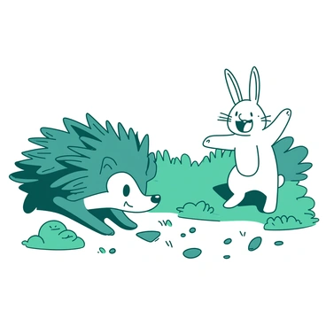 A teal hedgehog with a confident expression is crouched low to the ground, preparing to sprint. Its spiky back glistens in the sunlight, highlighting the hedgehog's unique skills. Across from it, a white rabbit stands with a boastful grin, its ears perked up and twitching in excitement. The rabbit's posture is exaggerated, showcasing its readiness for the race. The ground beneath them is a mix of grass and scattered pebbles, emphasizing the playful atmosphere of the race. In the background, there are hints of trees and bushes, framing the energetic scene.