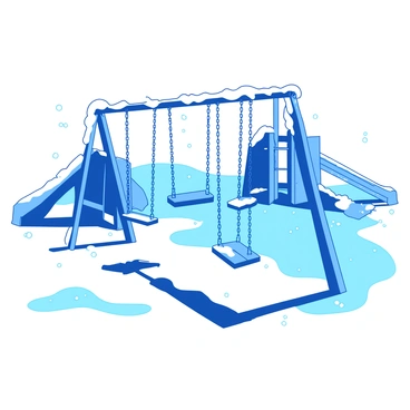 A blue playground is covered in a thick layer of white snow. The ground is blanketed, hiding the usual vibrant colors and making the scene appear tranquil. In the center, there are swings, their chains glistening with frost, gently swaying back and forth with the breeze. The snowflakes are falling softly from the sky, adding to the peaceful atmosphere. Nearby, there are snow-covered slides and climbing structures, all silent and waiting for the return of children.