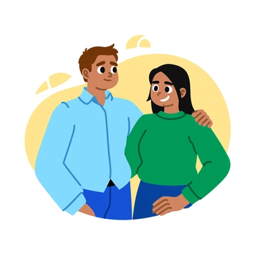 A comforting scene featuring two people standing close together. One person has short brown hair and is wearing a light blue shirt. They are gently placing a supportive hand on the shoulder of the second person, who has long black hair and is wearing a green sweater. The second person looks slightly down, as if they are seeking reassurance. The background includes soft, warm colors, creating a cozy atmosphere. The expressions on their faces reflect understanding and empathy.